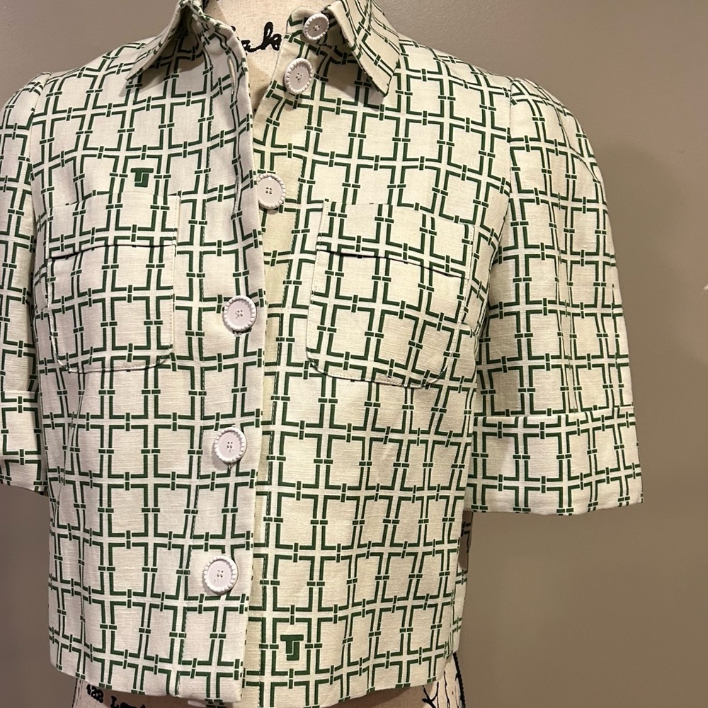Tara Jarmon Christine Woven Chain Link Logo Pattern Collar Button Front Top - Picture 2 of 14